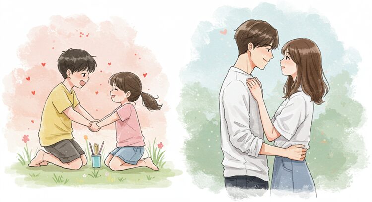 Split-screen watercolor illustration showing childhood friends and their adult romantic relationship